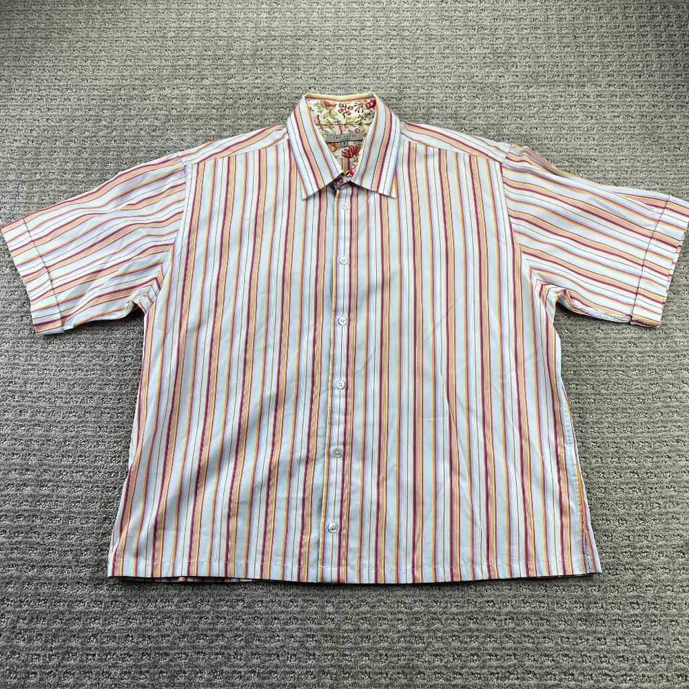Ted Baker London Shirt Women Size 5 White Pink Orange Stripe Button Up Loose Fit